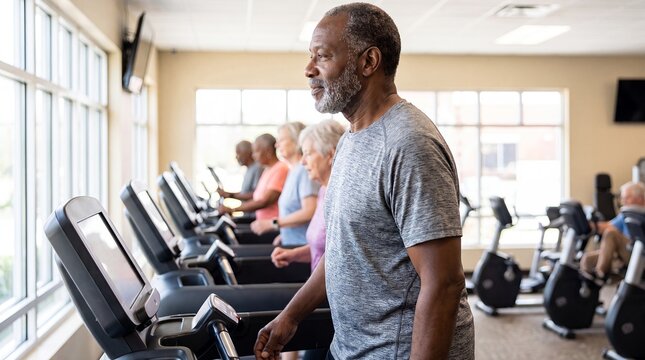 Senior Black man treadmill gym fitness active aging cardio workout walking confidently beside older adults for cardiovascular health retirement wellness and accessible exercise campaigns