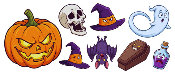 Fototapeta premium Halloween Cartoon Vector Sticker Set with Pumpkin Skull Witch Hat Ghost Bat Coffin and Potion