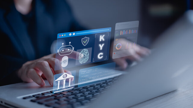 kyc client identification identity security verification authentication.Digital KYC identity verification with biometric authentication on a secure financial platform, ensuring compliance and privacy.
