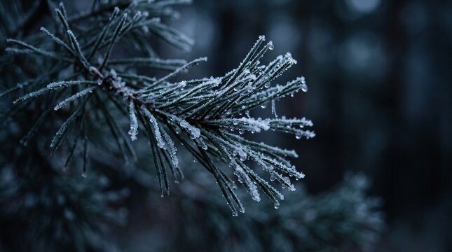 Close-up macro shot of pine needles covered in hoarfrost and tiny ice crystals during a cold winter morning in a dark forest moody atmosphere with soft bokeh background and natural frozen de