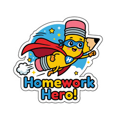 Cartoon Homework Hero sticker, flying pencil superhero character with red cape and mask, educational mascot for school and learning isolated on White Background © LIKHON