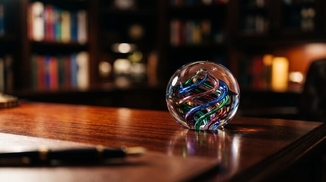Abstract glass art paperweight with swirling colorful inner patterns on a dark wooden office desk in a blurred library background featuring elegant warm lighting and scholarly atmosphere