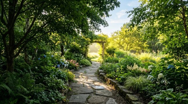Summer Recovery and Relaxation for Healthy Living, Serene flagstone path winding through a vibrant, lush garden towards a distant archway under a green canopy.