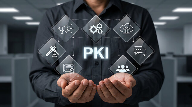 Man holding PKI public key infrastructure virtual screen icons for security