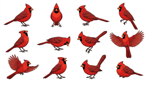 Red Northern Cardinal Bird Vector Set in Different Standing Perching and Flying Poses Isolated on White