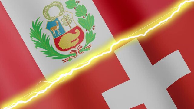 Two waving flags Peru and Switzerland with diagonal lightning seamless, 4k loop