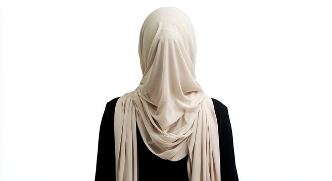 Woman wearing a hijab stands with her back facing the viewer in a simple setting with a plain background during daylight