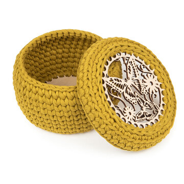 Professional studio product photography featuring an open knitted textile organizer. Perfect layout template of a handmade cotton yarn basket for luxury gift shop retail catalog.