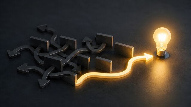 Simplifying complexity business concept showing single glowing arrow escaping tangled arrows pointing to lightbulb