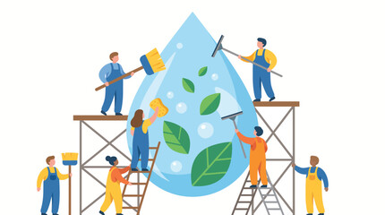 Workers stand on scaffolding to clean a giant water droplet containing green leaves as a symbol of environmental protection.