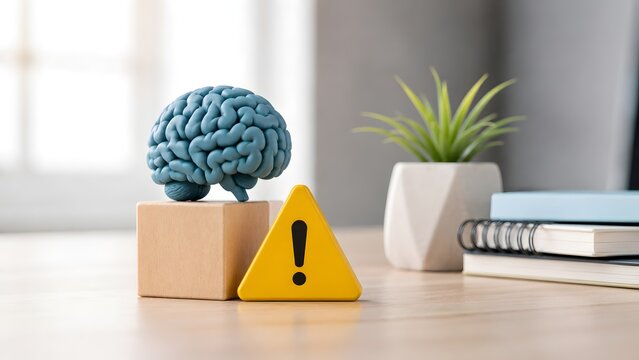 Mental health warning concept showing anatomical brain model beside yellow hazard sign indicating cognitive stress and psychological risk
