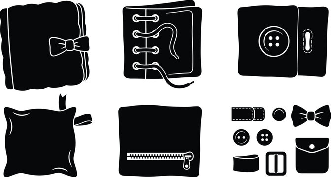 Busy Book Icon Set with Fabric Sensory Book, Zipper, Button, Lace, and Bow Silhouettes for Montessori and Toddler Learning Designs