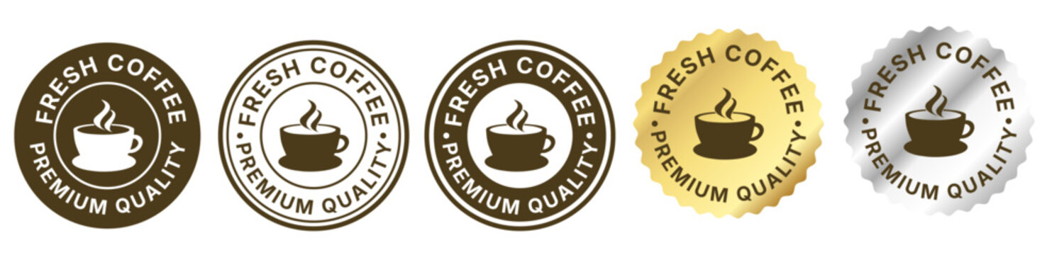 Fresh coffee premium quality badge collection with vintage cafe logo labels in gold silver brown and stamp styles