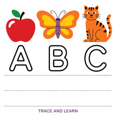Fototapeta premium Educational alphabet worksheet for children with apple butterfly and cat illustrations.