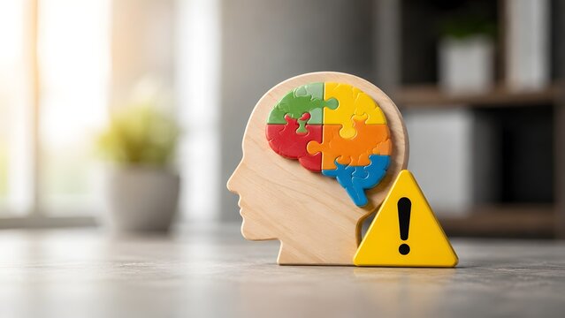 Mental health awareness concept featuring wooden head profile with colorful puzzle brain beside yellow hazard warning sign
