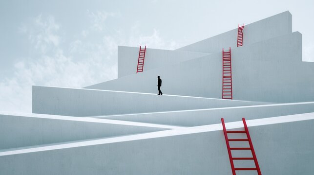 Person walks on white steps with red ladders under a cloudy sky in a conceptual scene about progress and challenges