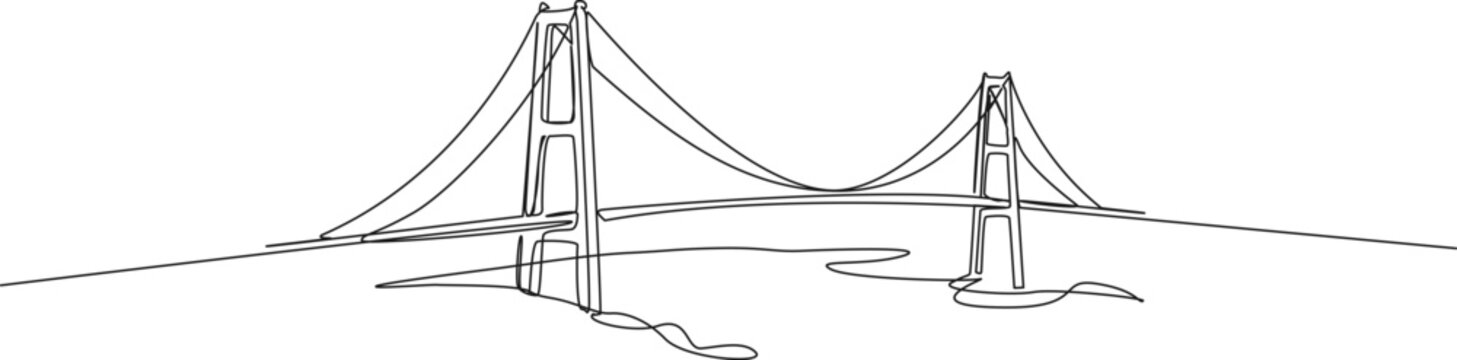 continuous line drawing of a suspension bridge, minimalist line art vector illustration