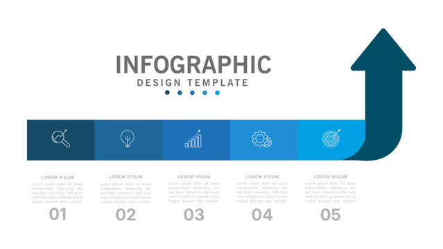 Blue business infographic design template with five step process timeline arrow layout for presentation
