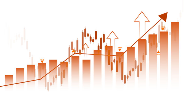 Bullish financial market growth chart with candlestick trading data, rising bar graph, and investment analysis