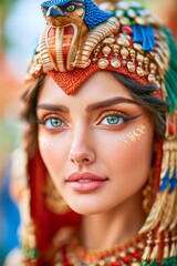 Obraz premium Close-up portrait of an elegant ancient Egyptian queen wearing an ornate feathered headdress, making direct eye contact with striking green eyes in a luxurious historical beauty concept.