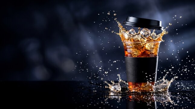 Dynamic splash of iced coffee in a clear takeaway cup on a dark background with negative space