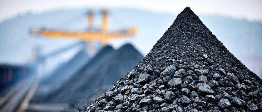 Industrial scene showing a close view of dark grey coal piles and a yellow conveyor machine in a mining area under a bright sky in a distant landscape