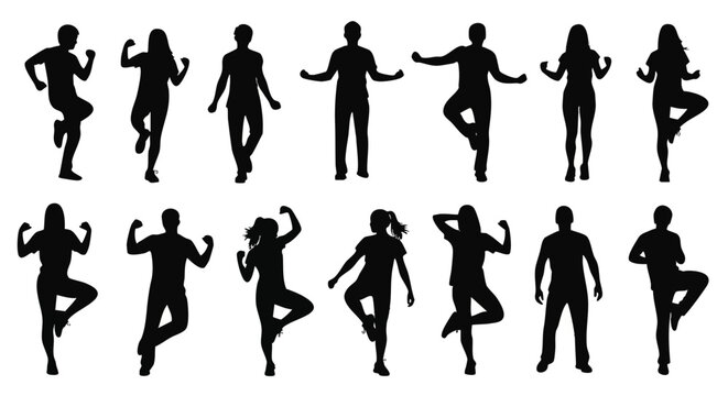 Set of Fitness Dance Silhouettes Featuring People Exercising for Healthy Lifestyle Concept Vector