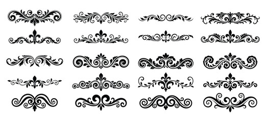 Baroque Floral Ornament Bundle Black Vector Set, Vintage Filigree Header Vector Collection, swirl Leaf Fleur De Lis Baroque Scroll Elements © magic390