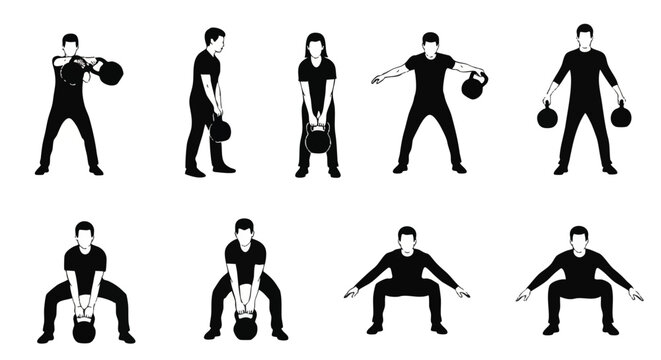 Set of people performing kettlebell workout exercises silhouette vector illustration for fitness gym