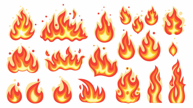 Fire flame vector illustrations in varied shapes and sizes set against a white background arson