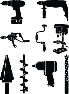 Black silhouette vector icon set of power drills, hand drilling tools, and bits for construction