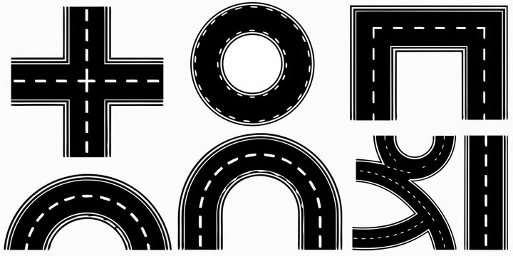 Road Segment Shapes And Curves Black And White Vector Illustration