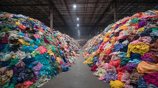 Vast rows of discarded textiles creating path through large industrial clothing recycling center.