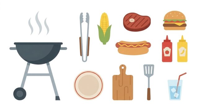 Backyard summer BBQ grill with steak burger and sweetcorn clipart isolated