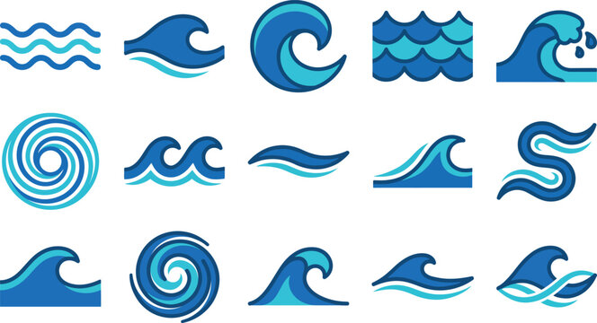 Set of ocean wave icons in blue shades for design and decoration