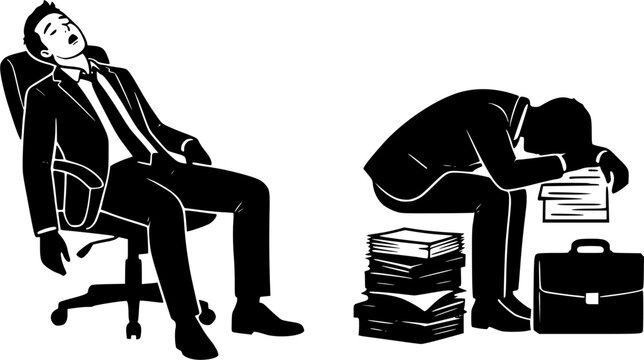 Collection of stressed businessman and office fatigue icons featuring black silhouettes of exhausted man sleeping slumped in office chair and tired employee napping on document stack with briefcase 