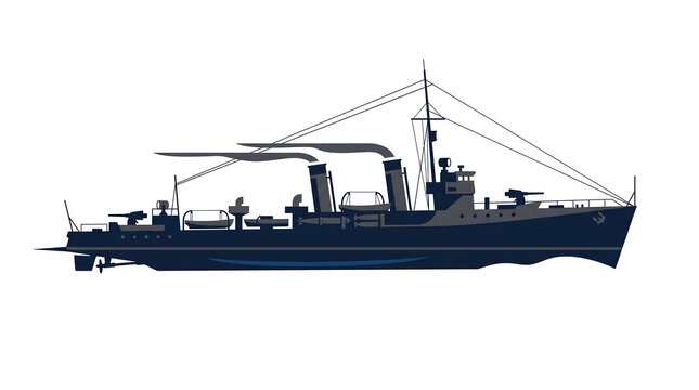 World War I naval torpedo boat destroyer silhouette vector illustration