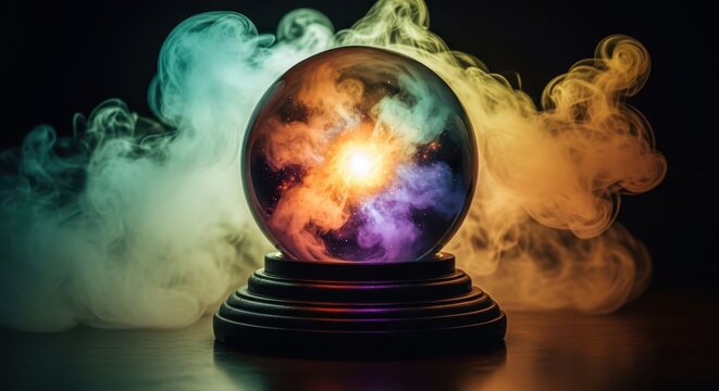 Glowing Crystal Ball with Colorful Swirling Smoke and Magic Light for Future Prediction and Mystical Concepts