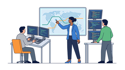 Fototapeta premium Software developers collaborate in an office environment to analyze complex data sets and monitor global network performance.