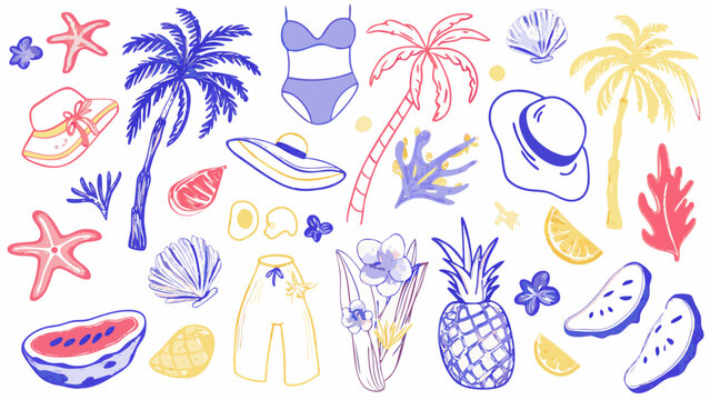 Tropical Summer Sketches A Collection Of Beach Elements In Blue And Purple beachcombing bikini hues