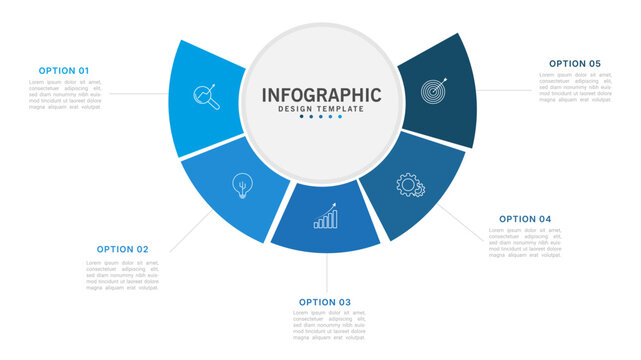 Modern circular infographic design template with five business process steps for presentation and workflow