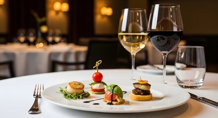 Fototapeta premium Delicious gourmet appetizers and wine served on a restaurant table