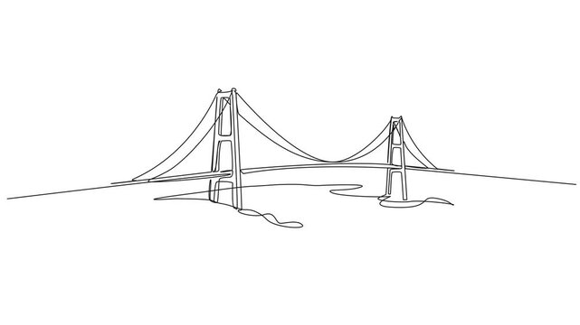 animated continuous line drawing of a suspension bridge, minimalist line art animation