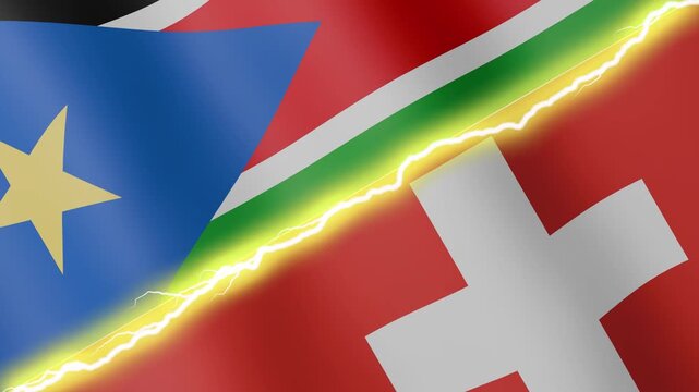 Two waving flags South Sudan and Switzerland with diagonal lightning seamless, 4k loop