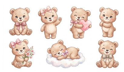 Obraz premium Watercolor Baby Bear Girls with Pink Bow Cute Woodland Animal Vector Illustration Set
