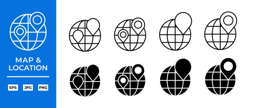 Globe Map Pin Vector Icon Set. Location, Navigation, GPS Symbols