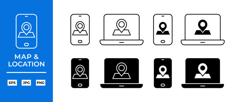 Maps on Devices Screen Vector Icon Set. Location, Navigation, GPS Symbols