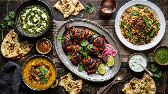 Authentic indian feast tandoori chicken with palak paneer biryani and naan