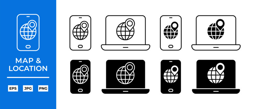 Maps on Devices Screen Vector Icon Set. Location, Navigation, GPS Symbols