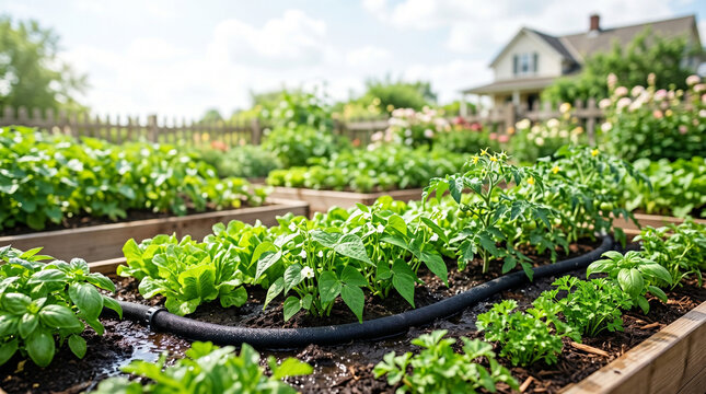 Vegetable garden with soaker hose and vibrant plants on sunny day  